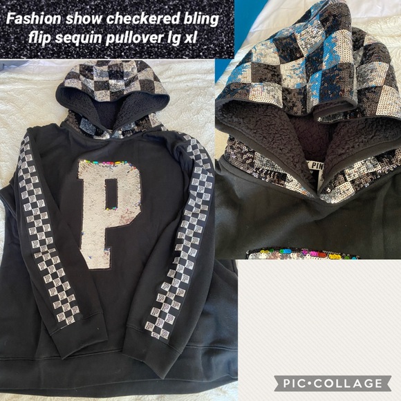 Vs PINK flip sequin bling Pullover hoodie black checkered bling 2018 collection - Picture 2 of 13